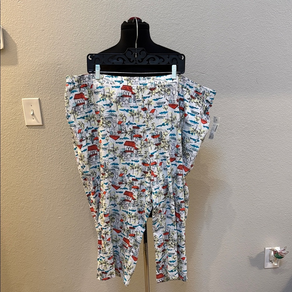 Catherines White Sleepwear Pants with Multicolor Coastal Print